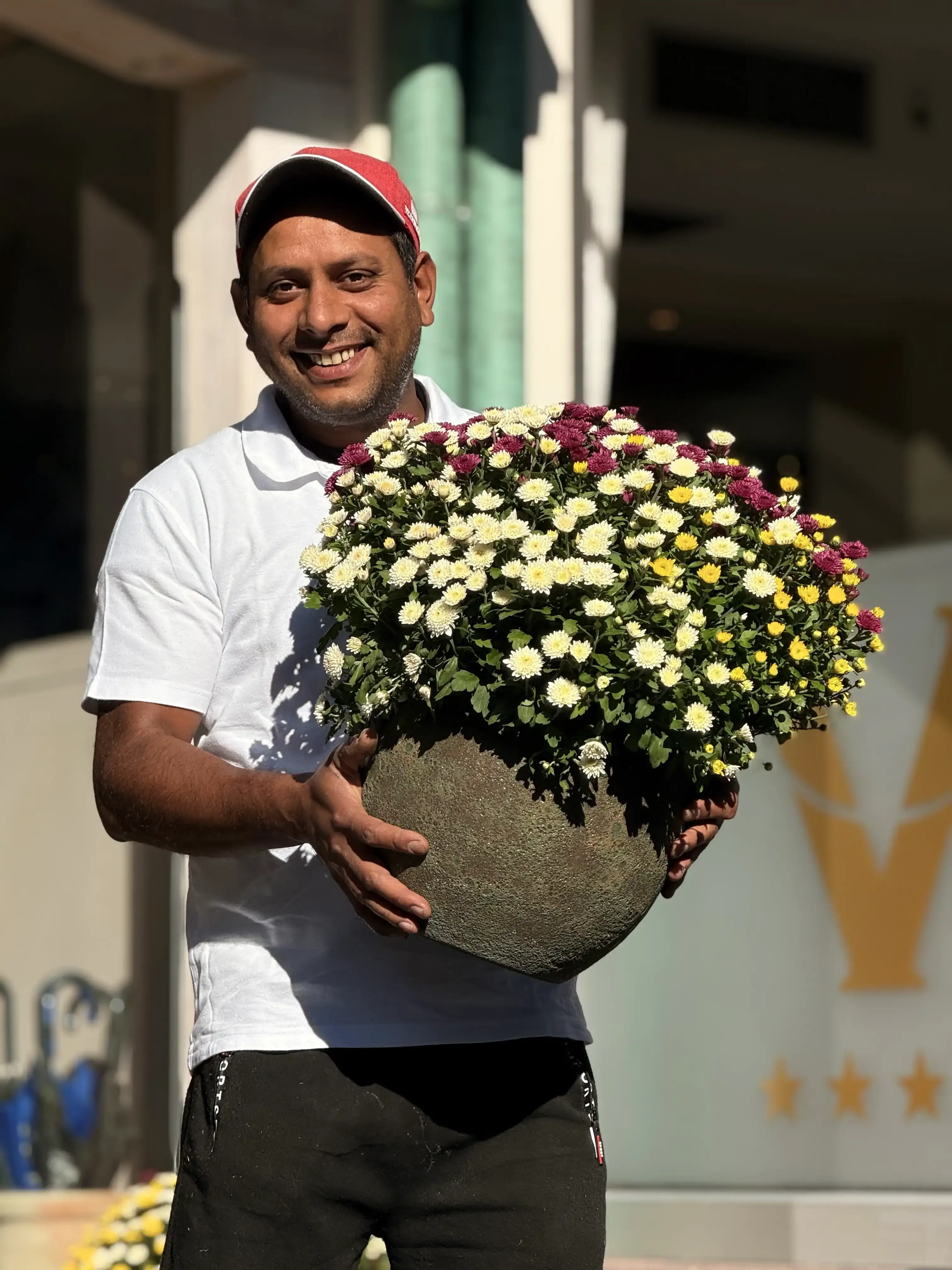 Uomo sorridente con vaso di crisantemi colorati in mano